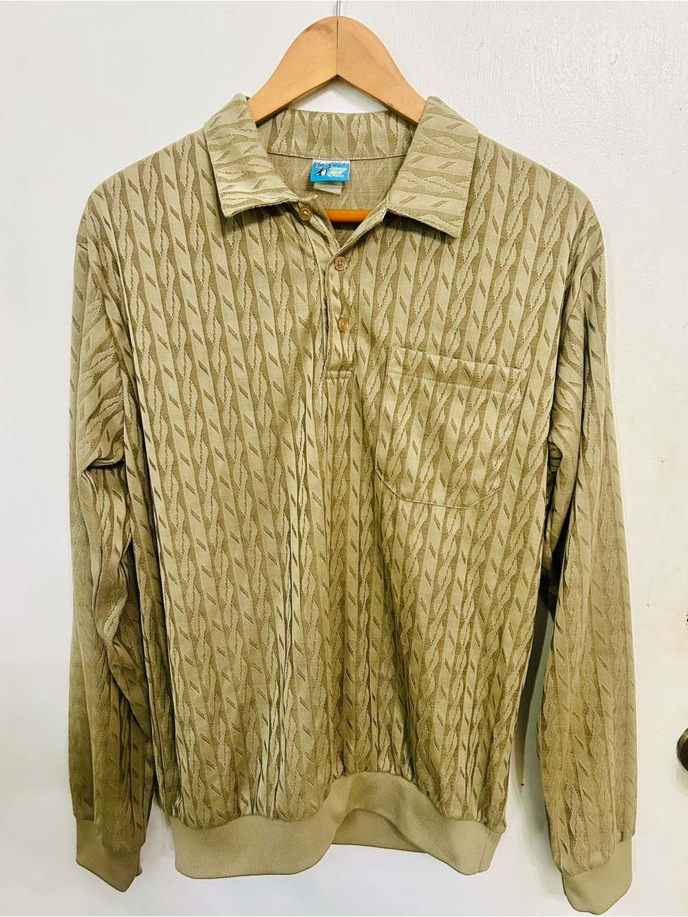 Vintage Stag Hill by Haband Beige Textured Long-Sleeve Knit Polo